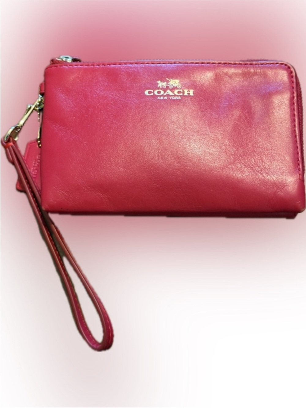 Coach Red Leather Wristlet Clutch with Gold Logo Double Zipper - Picture 9 of 11